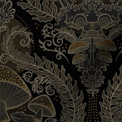 Frogs and Mushrooms Damask- Magic Forest- Ferns- Snails- Toads- Cottagecore- Arts and Crafts- Victorian- Hollywood Regency- Black and Brown- Taupe- Gold- Small