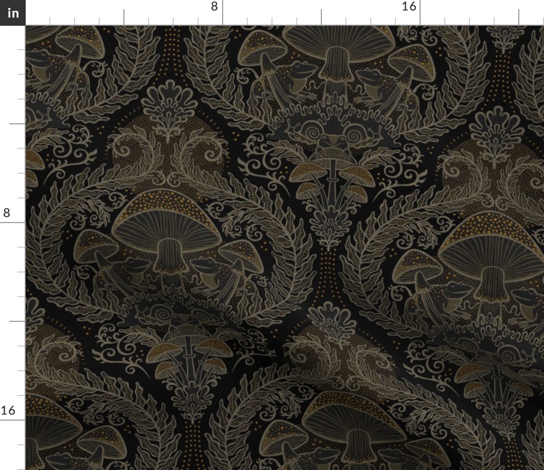 Frogs and Mushrooms Damask- Magic Forest- Ferns- Snails- Toads- Cottagecore- Arts and Crafts- Victorian- Hollywood Regency- Black and Brown- Taupe- Gold- Small