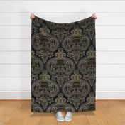 Frogs and Mushrooms Damask- Magic Forest- Ferns- Snails- Toads- Cottagecore- Arts and Crafts- Victorian- Hollywood Regency- Black- Beige- Gold- Large
