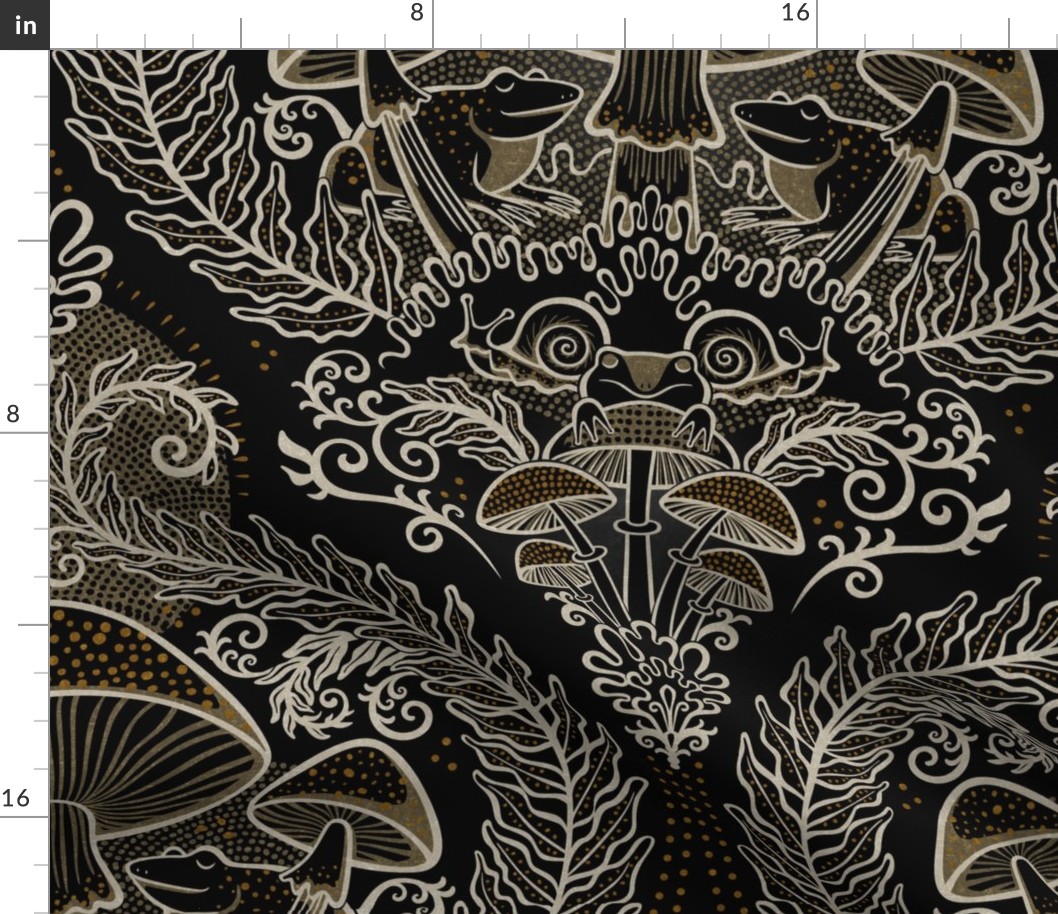 Frogs and Mushrooms Damask- Magic Forest- Ferns- Snails- Toads- Cottagecore- Arts and Crafts- Victorian- Hollywood Regency- Black- Beige- Gold- Large