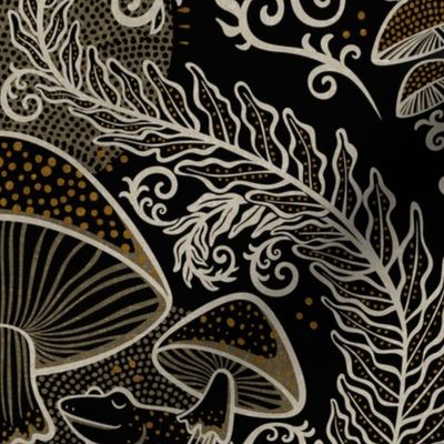 Frogs and Mushrooms Damask- Magic Forest- Ferns- Snails- Toads- Cottagecore- Arts and Crafts- Victorian- Hollywood Regency- Black- Beige- Gold- Medium