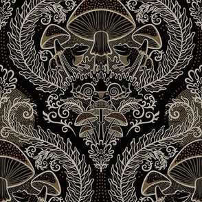 Frogs and Mushrooms Damask- Magic Forest- Ferns- Snails- Toads- Cottagecore- Arts and Crafts- Victorian- Hollywood Regency- Black- Beige- Gold- Medium