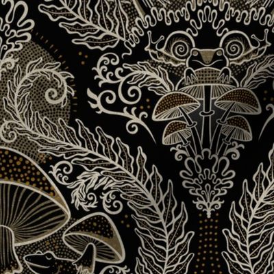 Frogs and Mushrooms Damask- Magic Forest- Ferns- Snails- Toads- Cottagecore- Arts and Crafts- Victorian- Hollywood Regency- Black- Beige- Gold- Small