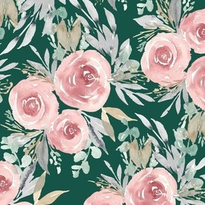 Vintage Rose Watercolor - Victorian Floral green. Medium pink flowers with green and blue leaves and greenery