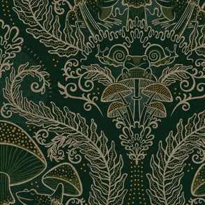 Frogs and Mushrooms Damask- Magic Forest- Ferns- Snails- Toads- Cottagecore- Arts and Crafts- Victorian- Hollywood Regency- Khaki and Green- Large