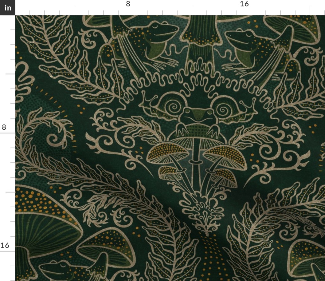 Frogs and Mushrooms Damask- Magic Forest- Ferns- Snails- Toads- Cottagecore- Arts and Crafts- Victorian- Hollywood Regency- Khaki and Green- Large