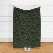 Frogs and Mushrooms Damask- Magic Forest- Ferns- Snails- Toads- Cottagecore- Arts and Crafts- Victorian- Hollywood Regency- Khaki and Green- Medium