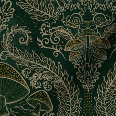Frogs and Mushrooms Damask- Magic Forest- Ferns- Snails- Toads- Cottagecore- Arts and Crafts- Victorian- Hollywood Regency- Khaki and Green- Small