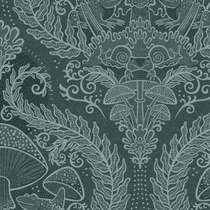 Frogs and Mushrooms Damask- Magic Forest- Ferns- Snails- Toads- Cottagecore- Arts and Crafts- Victorian- Hollywood Regency- Pine Green and Mint Green- Teal Green- Large