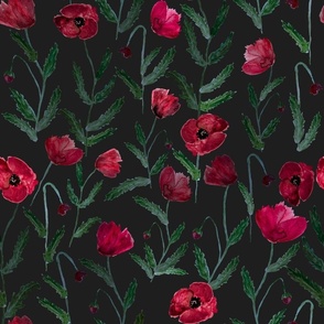 Large Poppy Flowers / Dark Grey / Red Floral / Green Leaves