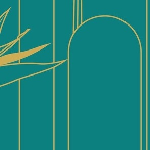 Large Tropical Art Deco Hollywood Gold  Bird of Paradise and Arches with Teal Background