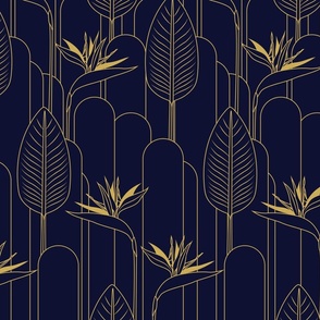 Medium Tropical Art Deco Hollywood Gold  Bird of Paradise and Arches with Dark Navy Blue Background