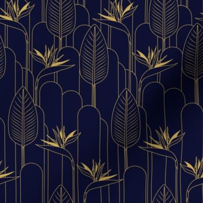 Small Tropical Art Deco Hollywood Gold  Bird of Paradise and Arches with Dark Navy Blue Background