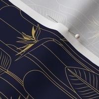 Small Tropical Art Deco Hollywood Gold  Bird of Paradise and Arches with Dark Navy Blue Background