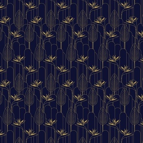 Small Tropical Art Deco Hollywood Gold  Bird of Paradise and Arches with Dark Navy Blue Background