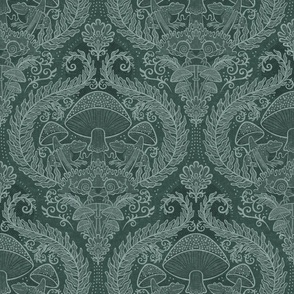 Frogs and Mushrooms Damask- Magic Forest- Ferns- Snails- Toads- Cottagecore- Arts and Crafts- Victorian- Hollywood Regency- Pine Green and Mint Green- Teal Green- Small