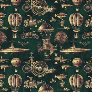 Green Steampunk Hot Air Balloon Fabric and Wallpaper