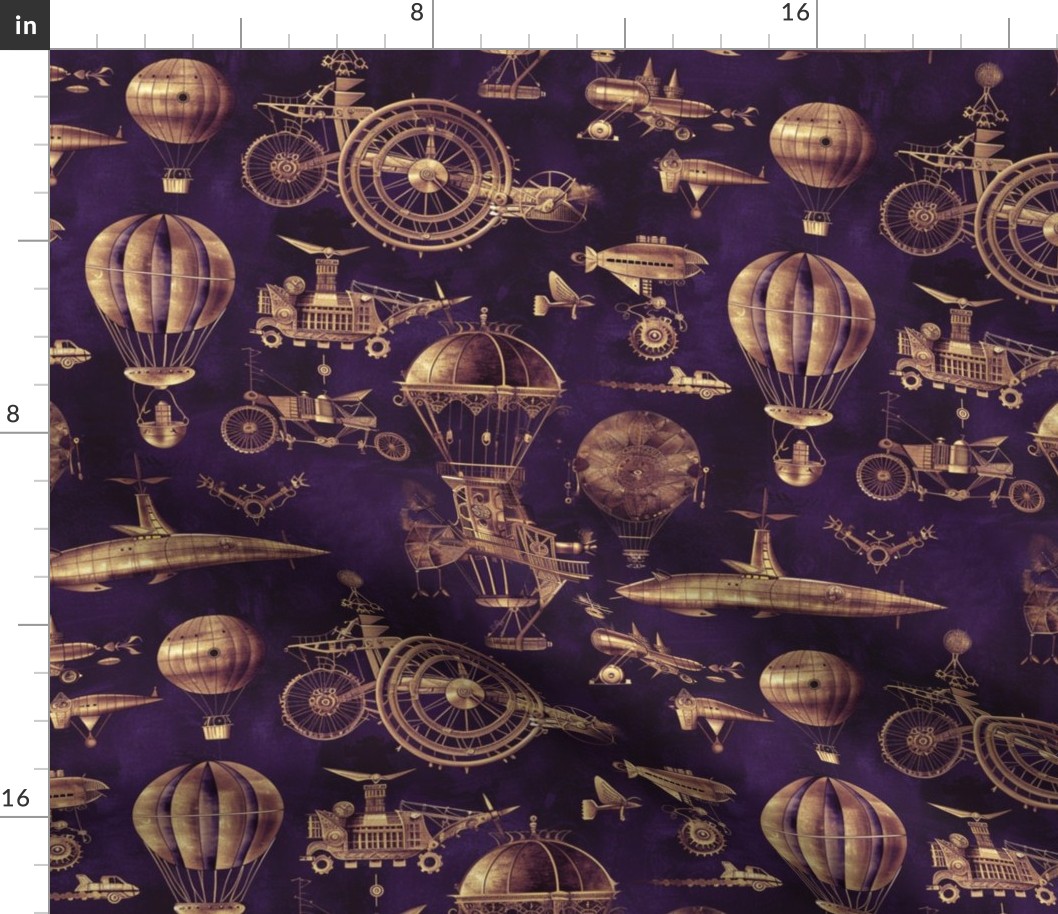 Purple Steampunk Hot Air Balloon Fabric and Wallpaper