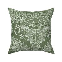 Frogs and Mushrooms Damask- Magic Forest- Ferns- Snails- Toads- Cottagecore- Arts and Crafts- Victorian- Hollywood Regency- Sage Green- Muted Earthy Green- Large