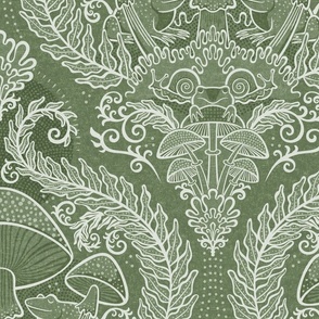 Frogs and Mushrooms Damask- Magic Forest- Ferns- Snails- Toads- Cottagecore- Arts and Crafts- Victorian- Hollywood Regency- Sage Green- Muted Earthy Green- Large