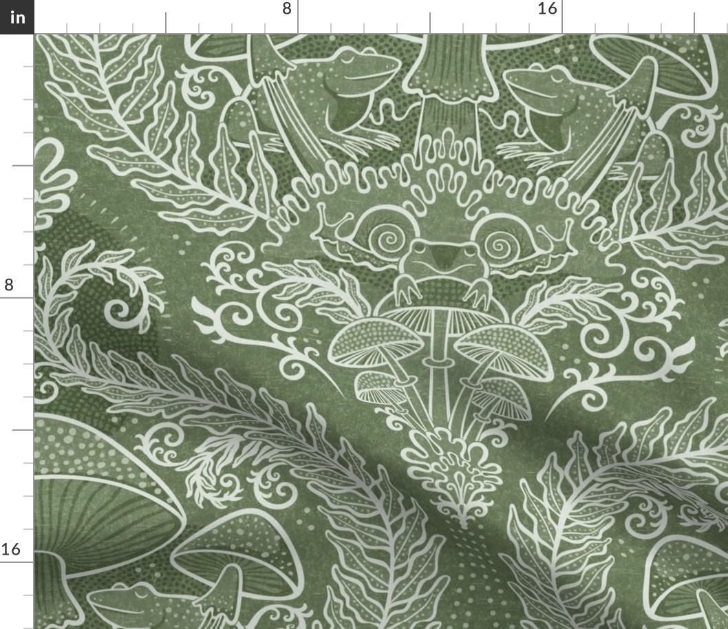 Frogs and Mushrooms Damask- Magic Forest- Ferns- Snails- Toads- Cottagecore- Arts and Crafts- Victorian- Hollywood Regency- Sage Green- Muted Earthy Green- Large