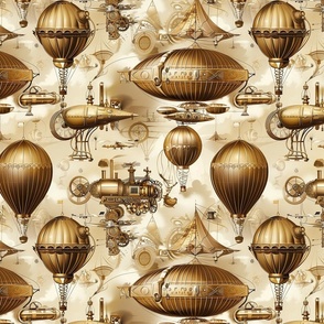 Steampunk Airship and Hot Air Balloon Fabric and Wallpaper