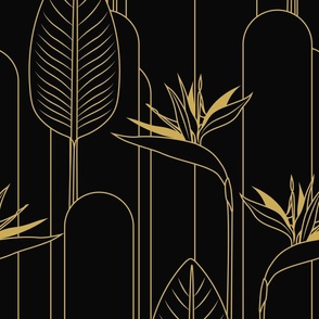 Large Tropical Art Deco Hollywood Gold  Bird of Paradise and Arches with Pure Black (#000000) Background