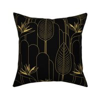 Medium Tropical Art Deco Hollywood Gold  Bird of Paradise and Arches with Pure Black (#000000) Background