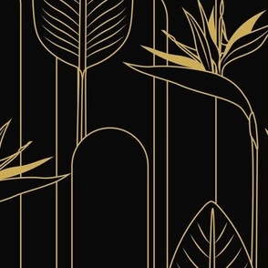 Medium Tropical Art Deco Hollywood Gold  Bird of Paradise and Arches with Pure Black (#000000) Background