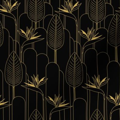 Small Tropical Art Deco Hollywood Gold  Bird of Paradise and Arches with Pure Black (#000000) Background