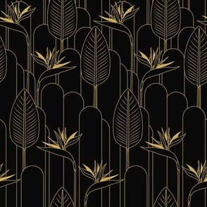 Small Tropical Art Deco Hollywood Gold  Bird of Paradise and Arches with Pure Black (#000000) Background