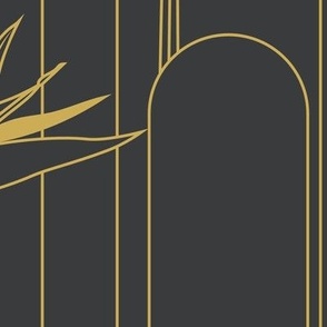 Large Tropical Art Deco Hollywood Gold  Bird of Paradise and Arches with Benjamin Moore Black Ink Background