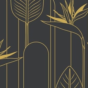 Medium Tropical Art Deco Hollywood Gold  Bird of Paradise and Arches with Benjamin Moore Black Ink Background