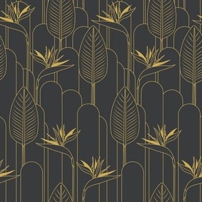 Small Tropical Art Deco Hollywood Gold  Bird of Paradise and Arches with Benjamin Moore Black Ink Background