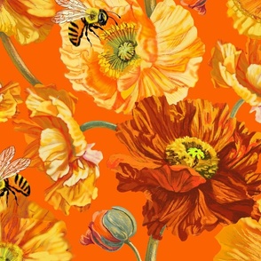Bright orange summer design with huge yellow and red poppies and bees