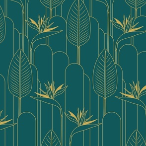 Medium Tropical Art Deco Hollywood Gold  Bird of Paradise and Arches with Benjamin Moore Beau Green Dark Cyan Teal Background