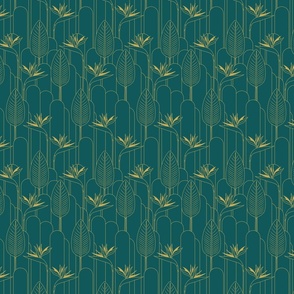Small Tropical Art Deco Hollywood Gold  Bird of Paradise and Arches with Benjamin Moore Beau Green Dark Cyan Teal Background