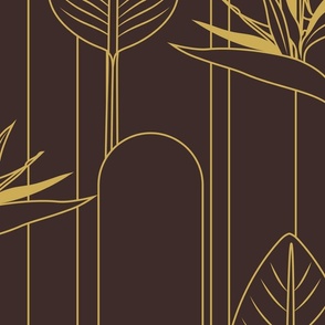 Large Tropical Art Deco Hollywood Gold  Bird of Paradise and Arches with Benjamin Moore Wenge Milk Chocolate Brown Background