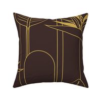 Medium Tropical Art Deco Hollywood Gold  Bird of Paradise and Arches with Benjamin Moore Wenge Milk Chocolate Brown Background