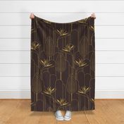 Medium Tropical Art Deco Hollywood Gold  Bird of Paradise and Arches with Benjamin Moore Wenge Milk Chocolate Brown Background