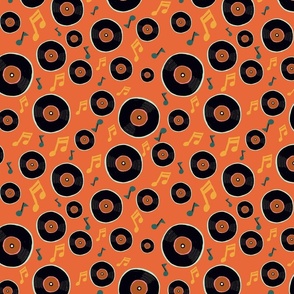 Vinyl Albums in Retro Colors designed to Coordinate with the Retro Party Collection | Vinyl Records and Music Notes on Orange Background | Hand Drawn Style | 50s 60s 70s