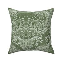 Frogs and Mushrooms Damask- Magic Forest- Ferns- Snails- Toads- Cottagecore- Arts and Crafts- Victorian- Hollywood Regency- Sage Green- Muted Earthy Green- Medium