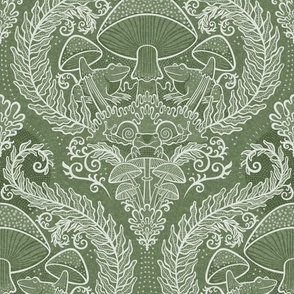 Frogs and Mushrooms Damask- Magic Forest- Ferns- Snails- Toads- Cottagecore- Arts and Crafts- Victorian- Hollywood Regency- Sage Green- Muted Earthy Green- Medium