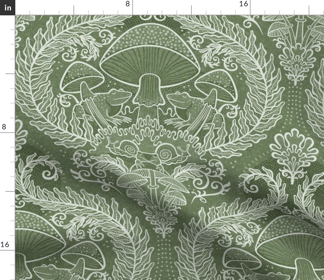 Frogs and Mushrooms Damask- Magic Forest- Ferns- Snails- Toads- Cottagecore- Arts and Crafts- Victorian- Hollywood Regency- Sage Green- Muted Earthy Green- Medium