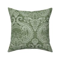 Frogs and Mushrooms Damask- Magic Forest- Ferns- Snails- Toads- Cottagecore- Arts and Crafts- Victorian- Hollywood Regency- Sage Green- Muted Earthy Green- Small