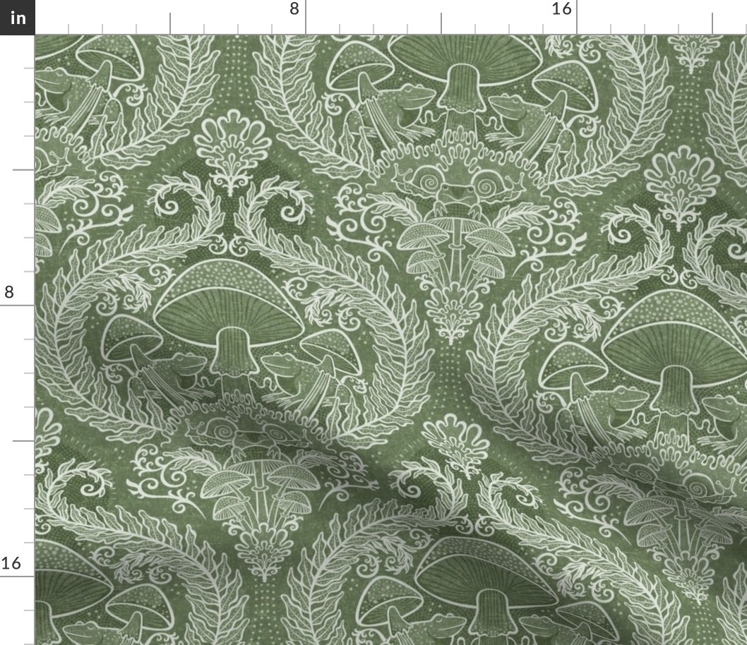 Frogs and Mushrooms Damask- Magic Forest- Ferns- Snails- Toads- Cottagecore- Arts and Crafts- Victorian- Hollywood Regency- Sage Green- Muted Earthy Green- Small