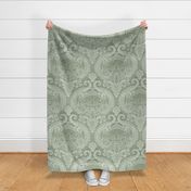 Frogs and Mushrooms Damask- Magic Forest- Ferns- Snails- Toads- Cottagecore- Arts and Crafts- Victorian- Hollywood Regency- Soft Sage Green- Muted Pastel Earthy Green- Large