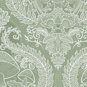 Frogs and Mushrooms Damask- Magic Forest- Ferns- Snails- Toads- Cottagecore- Arts and Crafts- Victorian- Hollywood Regency- Soft Sage Green- Muted Pastel Earthy Green- Large
