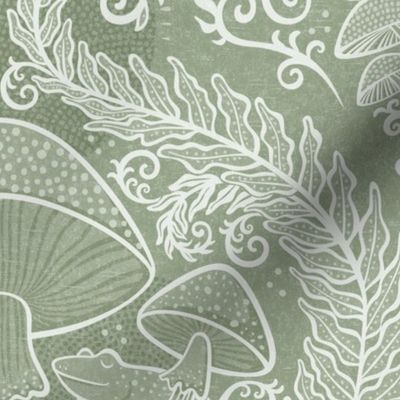 Frogs and Mushrooms Damask- Magic Forest- Ferns- Snails- Toads- Cottagecore- Arts and Crafts- Victorian- Hollywood Regency- Soft Sage Green- Muted Pastel Earthy Green- Medium