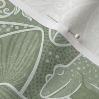 Frogs and Mushrooms Damask- Magic Forest- Ferns- Snails- Toads- Cottagecore- Arts and Crafts- Victorian- Hollywood Regency- Soft Sage Green- Muted Pastel Earthy Green- Medium